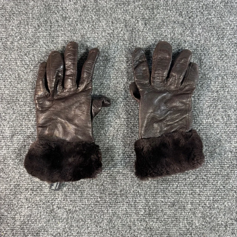 Madova Italy Womens Leather Gloves Brown Fur Trim 100% Cashmere Lined Size 8